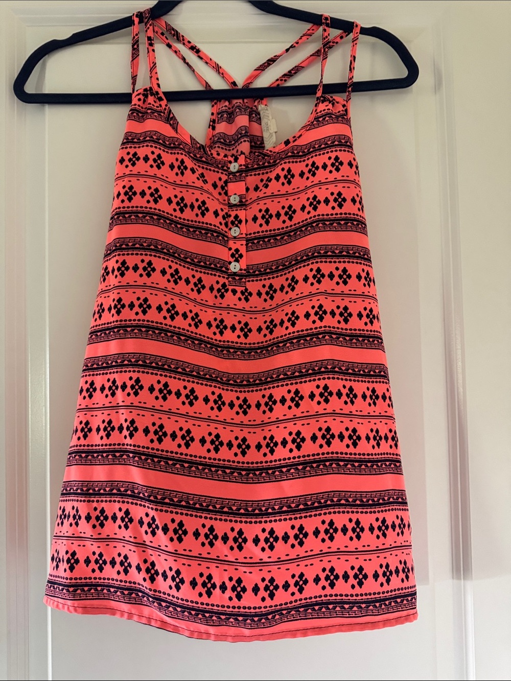 Pink Rose Coral-Pink Strappy Tank with Black Aztec Print